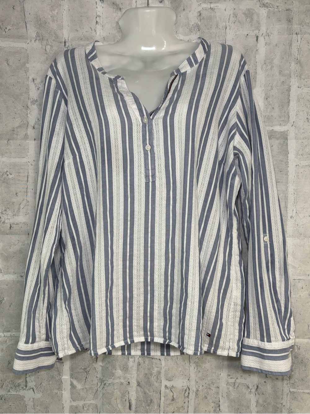 Tommy Hilfiger White and Blue Vertical Stripe Henley Button-Down Shirt